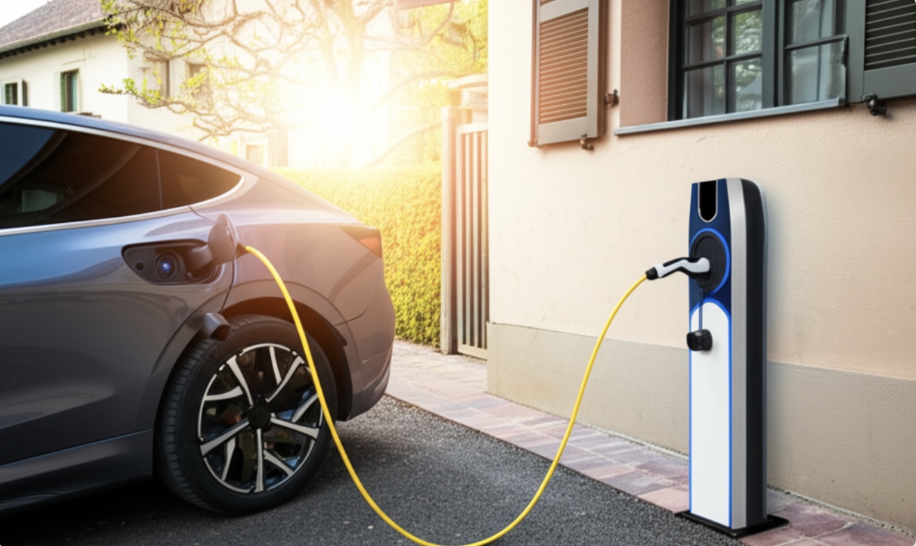 Modernes E-Auto lädt an professionell installierter Wallbox zu Hause